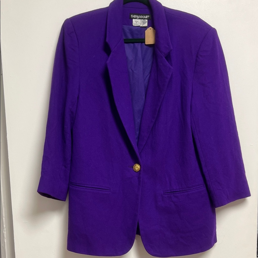 Savannah Vintage 80s Vibrant Purple Single Gold Button Wool Blazer Size 8